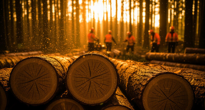 Stacked tree logs in a sunlit pine forest. Forestry team working with timber at sunset in background. Timber industry and sustainable wood production concept.