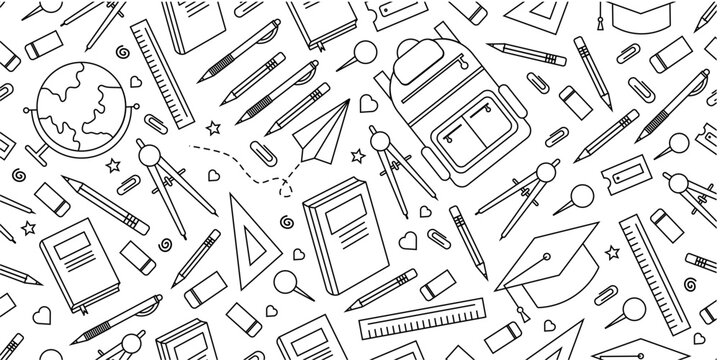School supplies seamless pattern. School attributes seamless pattern. Student accessories repeat background. Back to school banner. Education doodle pattern background.