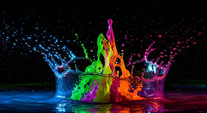 Vivid Color Splash of Water Droplets with Neon Effect on Black Background