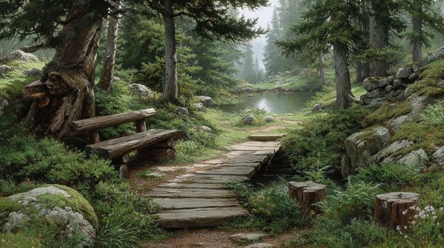 Wooden bridge in forest near pond with rocks and benches