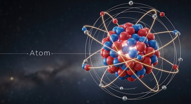 Atom, atomic structure revealing nucleus containing proton, neutron, electron orbiting in energy shell, quantum physics model displaying fundamental particle charge, molecular mass, scientific theory.