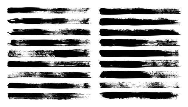 Long grunge brush strokes, lines, ink smudges, hand-drawn scribble shapes. Handmade sketchy marks, stains, charcoal streaks. Paint textures, dry brush effect. Marker underline. Vector illustration