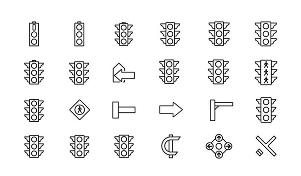 Traffic light outline icon set vector stoplight symbols with direction and pedestrian signals line collection