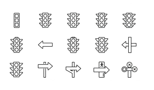 Traffic light outline icon set vector stoplight symbols with direction and pedestrian signals line collection