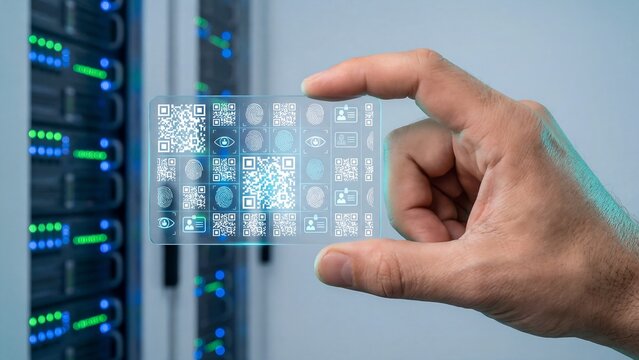 Innovative display of generic digital data and complex encoded patterns held in a hand, symbolizing advanced information management, cybersecurity, and future technology in a secure server environment