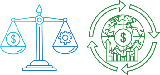 Naklejka premium Economic Balance and Sustainability Concept with Scales of Money and Circular Economy Symbols