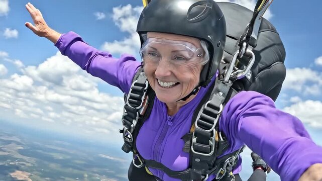 Senior woman joyfully experiencing thrilling skydive, freefalling gracefully through bright blue sky, embracing extreme adventure, enjoying active lifestyle, feeling pure bliss.