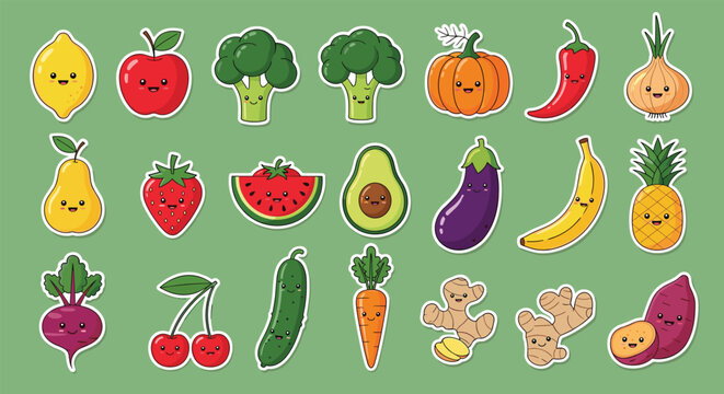 Fun collection of cute fruit and vegetable stickers with happy faces including lemon, apple, broccoli, and pumpkin.