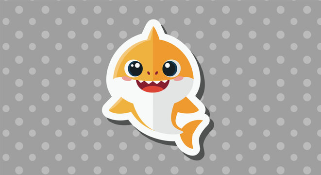 Adorable baby shark sticker with a friendly smile and bright orange color on a cute grey polka dot pattern background.