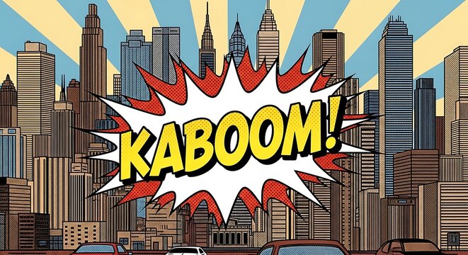 Vibrant cityscape with comic book style explosion, kaboom effect