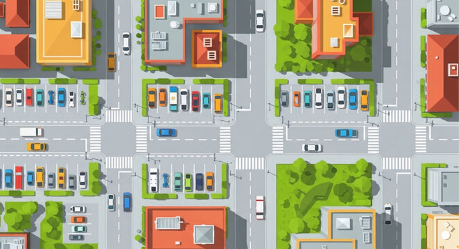 Aerial View of City Street with Buildings and Cars.
