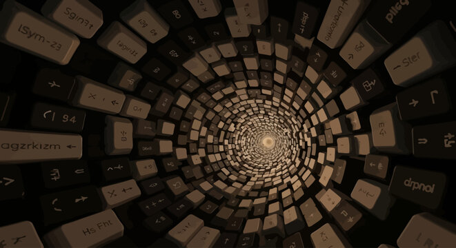 Abstract digital vortex tunnel formed by an endless stream of computer keyboard keys, symbolizing data flow, information technology, and the interconnected digital world