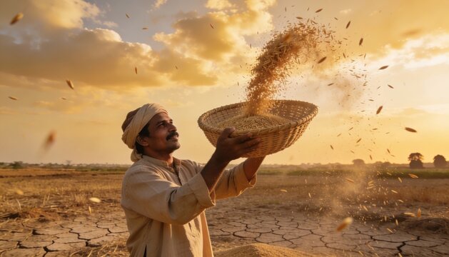 Farmer winnowing grain with a basket and child helper in dusty field light