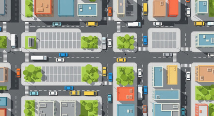 Aerial view of a busy city street with cars and buildings. © Widi