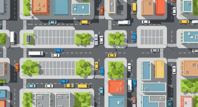 Aerial view of a busy city street with cars and buildings.