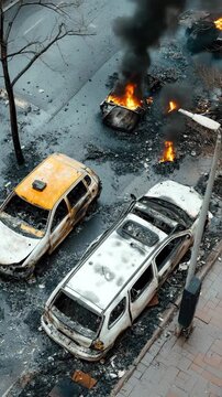 Damaged vehicle structure burns fiercely, dense smoke column ascending from the wreck, spreading ash and debris across the metropolitan road, portraying chaotic protest consequence.