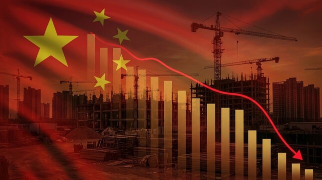 china economy, china flag, real estate crisis, economic crash, construction site, property market, financial chart depicting the downward trend and recession in the housing sector.