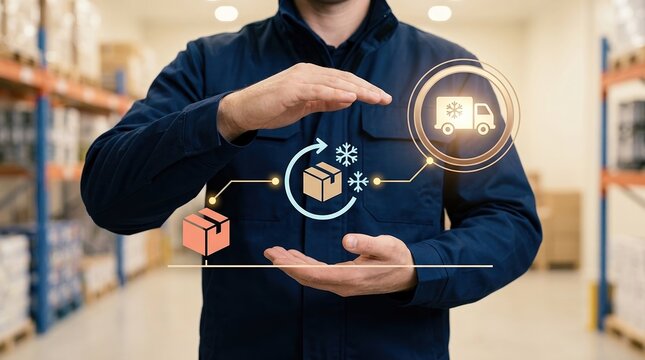 cold chain, logistics, supply chain, refrigerated transport, warehouse, temperature control, distribution professional managing perishable goods delivery with a digital interface.