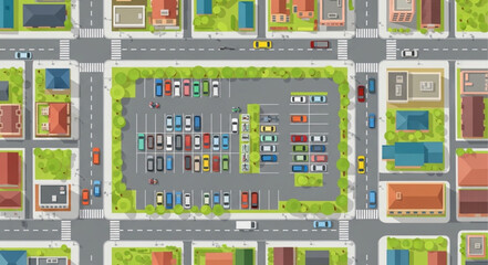 Aerial view of a busy city parking lot with many cars. © Widi