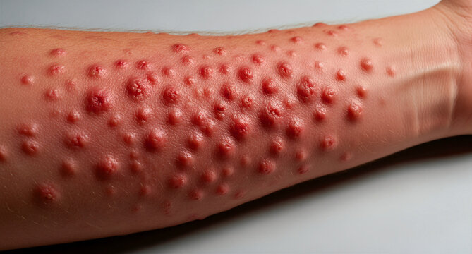 Severe skin rash with red pustules on a human arm. Close-up view of dermatological symptoms like mpox or viral infection. Medical disease concept, suitable for healthcare news and education.