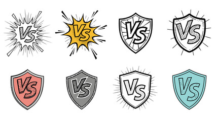Obraz premium Collection of versus or VS icons featuring different shield shapes, colors, and explosive background effects for competitions.