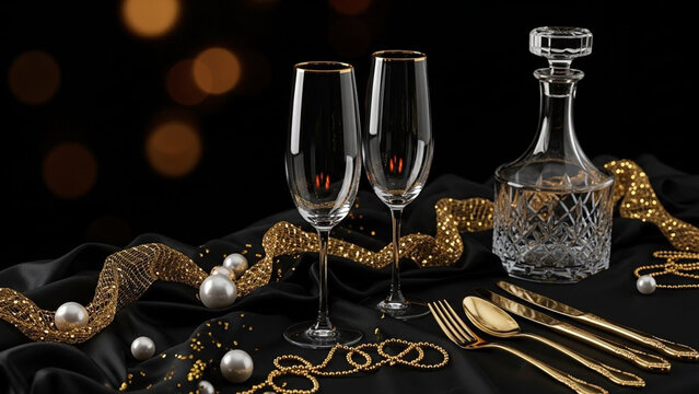 Minimalist Luxury Tableware with Gold Stemmed Glasses Crystal Decanter and Pearls