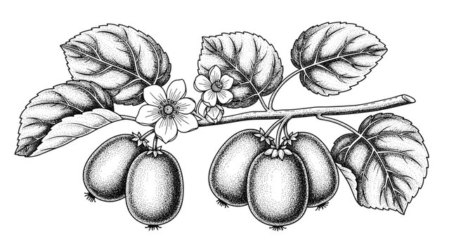 Botanical sketch of a kiwi fruit branch featuring leaves, flowers, and several whole fruits in a detailed vintage style.