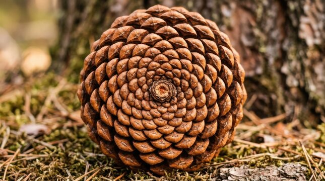 Close up of a detailed pine cone on forest floor.