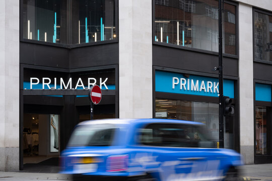 Primark store front and brand logo, Primark is an Irish multinational retailer specialising in fast fashion owned by Associated British Foods. Oxford Street, London, UK.