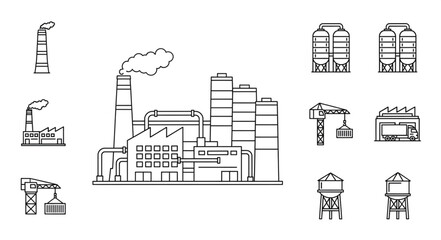 Obraz premium Collection of Industrial Factory Buildings and Silos Line Art.