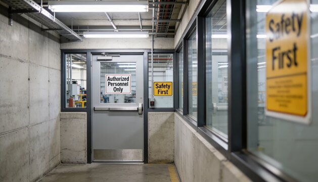 Factory personnel door in bright industrial hallway with gray concrete walls