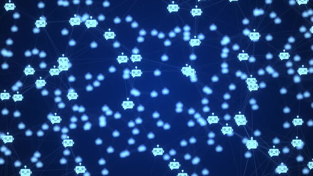 AI Chatbot Network Background with Glowing Blue Robot Avatars and Connected Nodes &ndash; Artificial Intelligence Communication Seamless Loop Animation