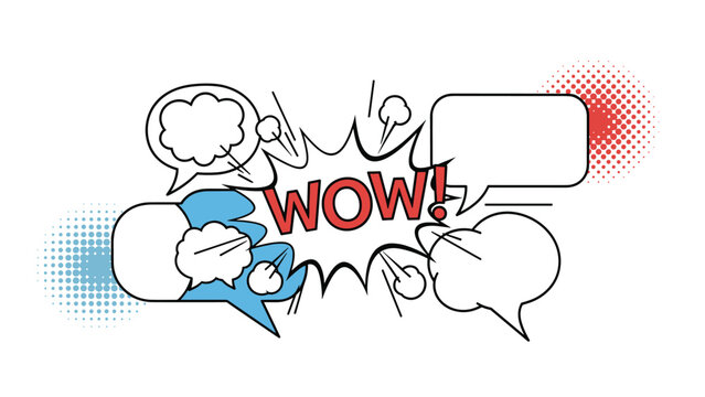 Dynamic comic book style composition featuring multiple speech bubbles, blue splashes, and the word wow in bold red font.