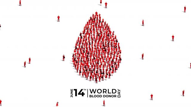 World Blood Donor Day. Blood donation concept. A large group of people form the shape of blood drop. 14th June. world blood donor day awareness. 4K Video Animation.