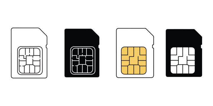 Collection of Four SIM Cards in Black and White with Golden Chip Isolated