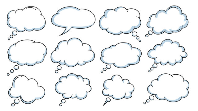 Set of twelve different fluffy white cloud-shaped speech bubbles for comics, cartoons, and social media message designs on white background.