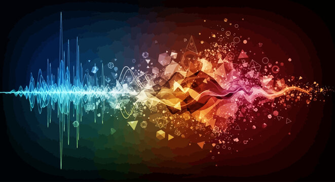Abstract audio waveform visualized with vibrant energetic particles and geometric shapes in a spectrum of blues, oranges, and reds against a dark background