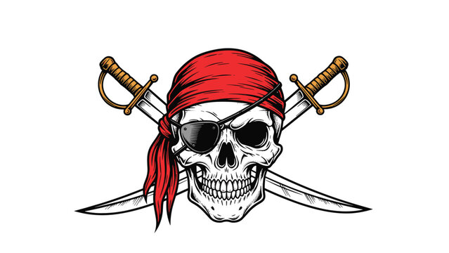 Classic pirate emblem featuring a skull wearing a red bandana and eye patch with two crossed scimitars on a clean white background.