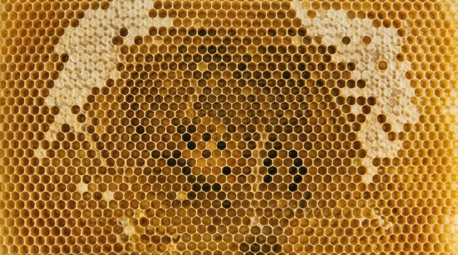 Close-up view of a honeycomb with honey and bee larvae.