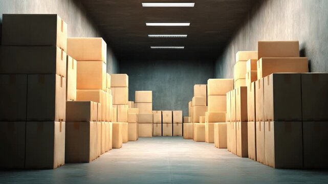 Storage Warehouse: A vast warehouse scene showcases rows upon rows of neatly stacked cardboard boxes, conveying the essence of storage and logistics. The composition emphasizes depth and order.
