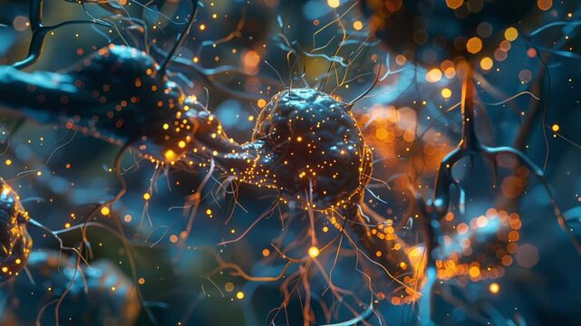 Digital visualization of a neural network with glowing neurons transmitting signals. Science and technology background.