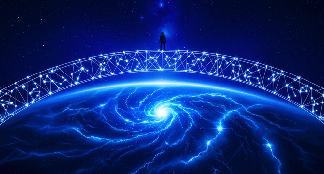 Silhouette on a constellation bridge over a blue cosmic galaxy. Person crossing a geometric bridge of stars and nodes. Space journey concept for sci-fi, tech, and spiritual themes.