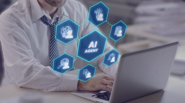 Innovative Integrated AI Agents in Modern Office. A professional works on a laptop with AI agents assistant overlay. illustrating advanced technology.