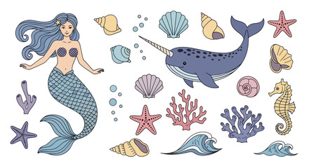 Mermaid, Narwhal, Seahorse, Seashells & Coral - Underwater Fantasy Clip Art © love