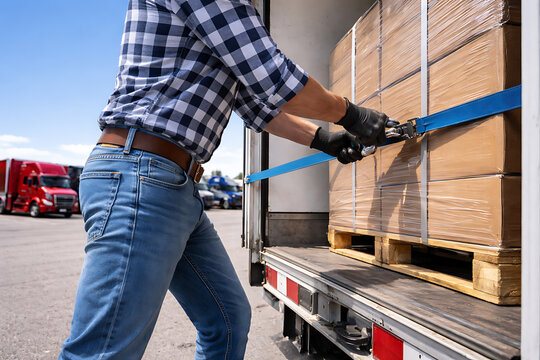 Worker secures cargo with straps inside a delivery truck trailer