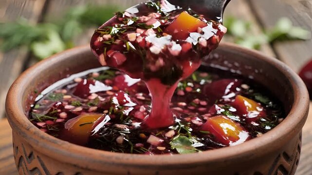 Delicious Beetroot Soup with Vegetables and Herbs in a Rustic Bowl.