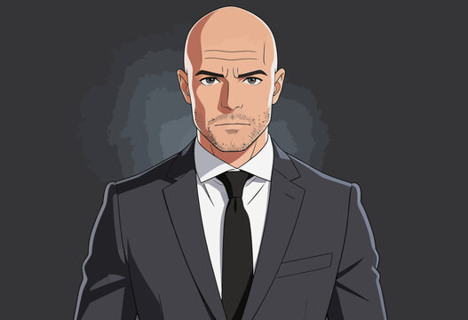 Bald Formal Man in Dark Suit with Stern Expression