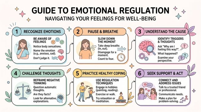 Emotional Regulation Infographic Illustration &ndash; Self-Regulation Skills, Coping Strategies and Mental Health Awareness Concept
