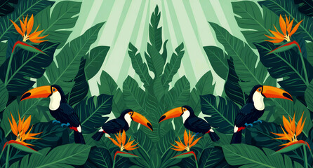 Obraz premium Toucans perching among tropical leaves and bird of paradise flowers. Vibrant vector illustration of lush jungle foliage with sunbeams. Exotic nature background ideal for summer decor and wallpaper.