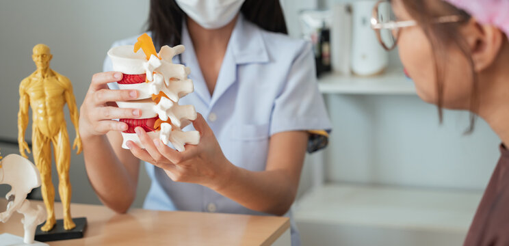 Medical healthcare diagnosis doctor patient consultation during spine model discussion in clinic as specialist explains back pain treatment with professional care and support in calm atmosphere